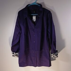Lane Bryant Button Down Long Shirt Purple With Animal Print Accents 28 NWT